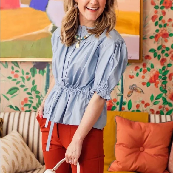 NEW The Shirt by Rochelle Behrens Kayla Shirt Puff Sleeve Tie Top - Picture 4 of 4